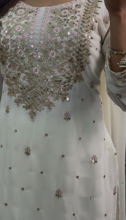 Ivory palazzo suit set with floral sequin embroidery, rose gold thread border and dupatta — Behuli Australia — view 2
