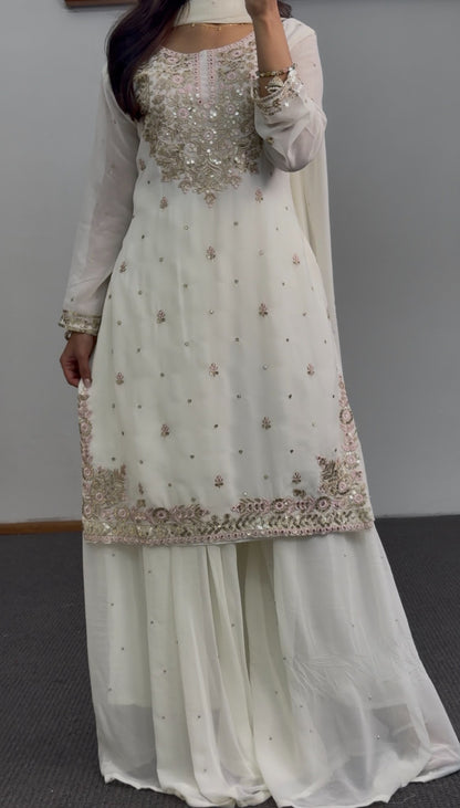 Ivory palazzo suit set with floral sequin embroidery, rose gold thread border and dupatta — Behuli Australia — view 3
