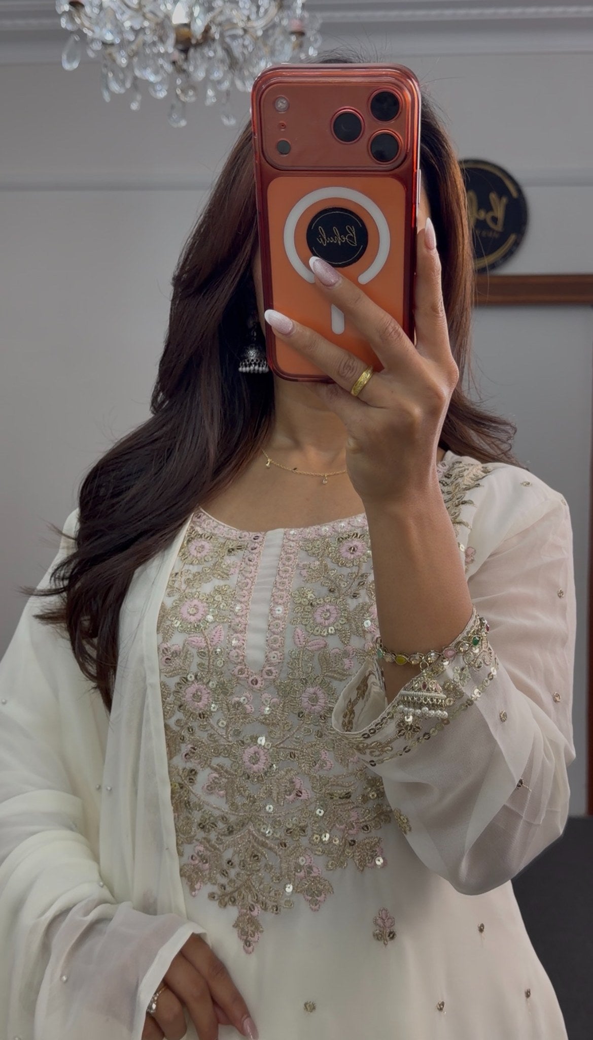 Ivory palazzo suit set with floral sequin embroidery, rose gold thread border and dupatta — Behuli Australia — view 4