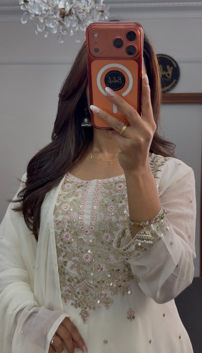 Ivory palazzo suit set with floral sequin embroidery, rose gold thread border and dupatta — Behuli Australia — view 4