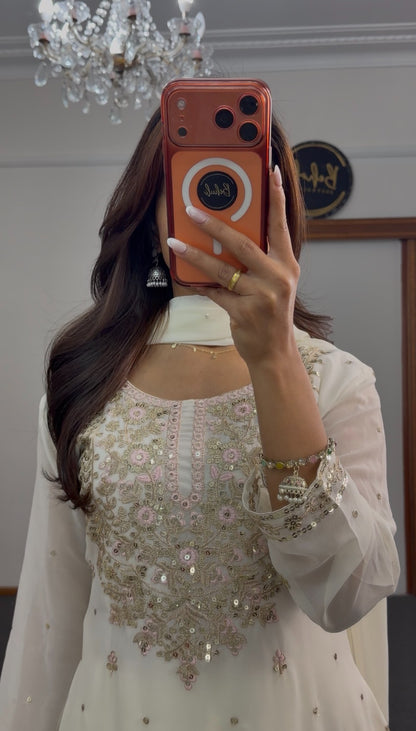 Ivory palazzo suit set with floral sequin embroidery, rose gold thread border and dupatta — Behuli Australia — view 5