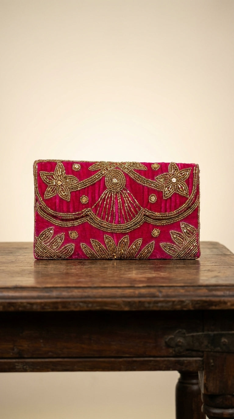 Fuchsia velvet clutch bag with gold beadwork floral and leaf motifs, flap closure — Behuli Australia