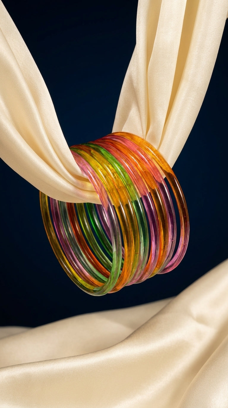 Set of 8 multicolour glossy bangles in pink, green and orange displayed on wooden rod — Behuli Australia — view 2