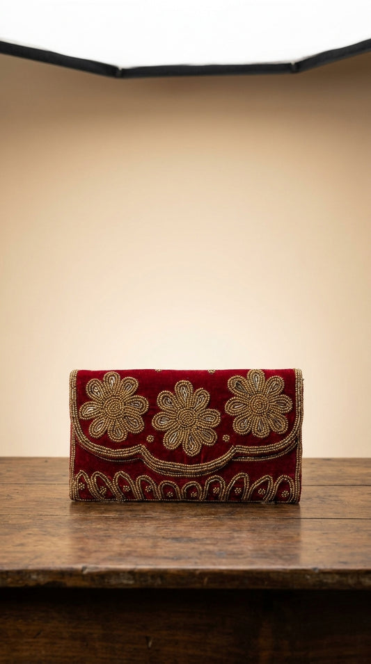 Maroon velvet clutch bag with gold beaded floral embroidery and scalloped border detailing — Behuli Australia