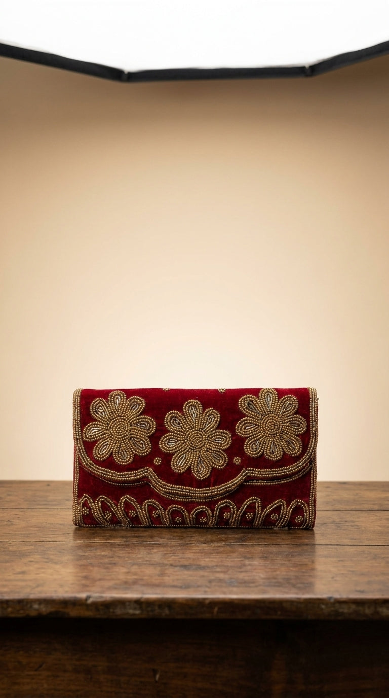Maroon velvet clutch bag with gold beaded floral embroidery and scalloped border detailing — Behuli Australia