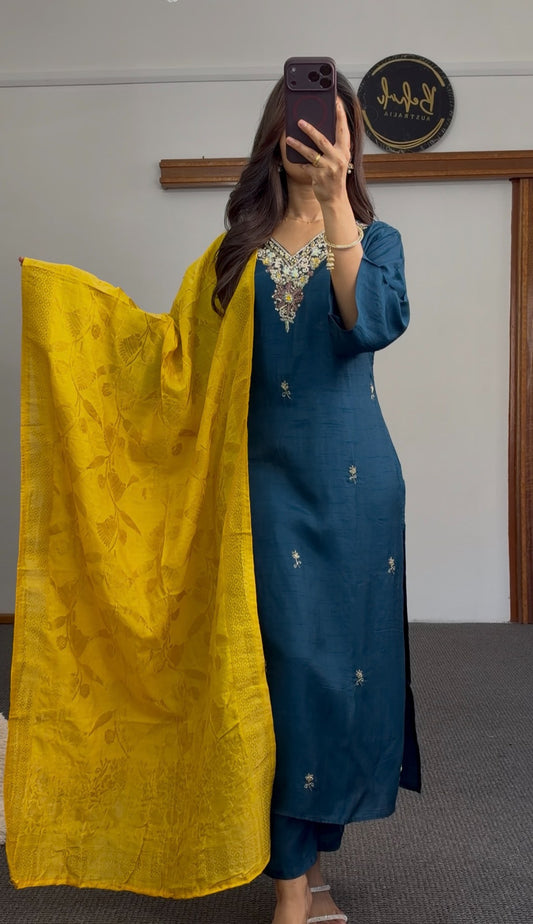 Teal kurti set with floral neckline embroidery paired with a mustard printed dupatta — Behuli Australia