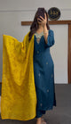 Teal Floral Dola Silk Kurti Set