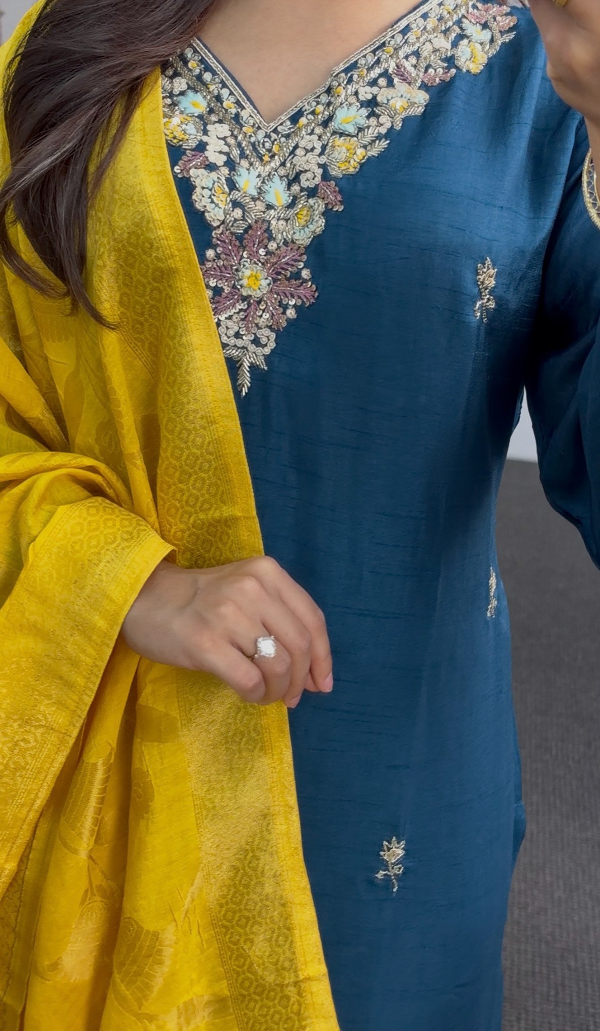 Teal kurti set with floral neckline embroidery paired with a mustard printed dupatta — Behuli Australia — view 3