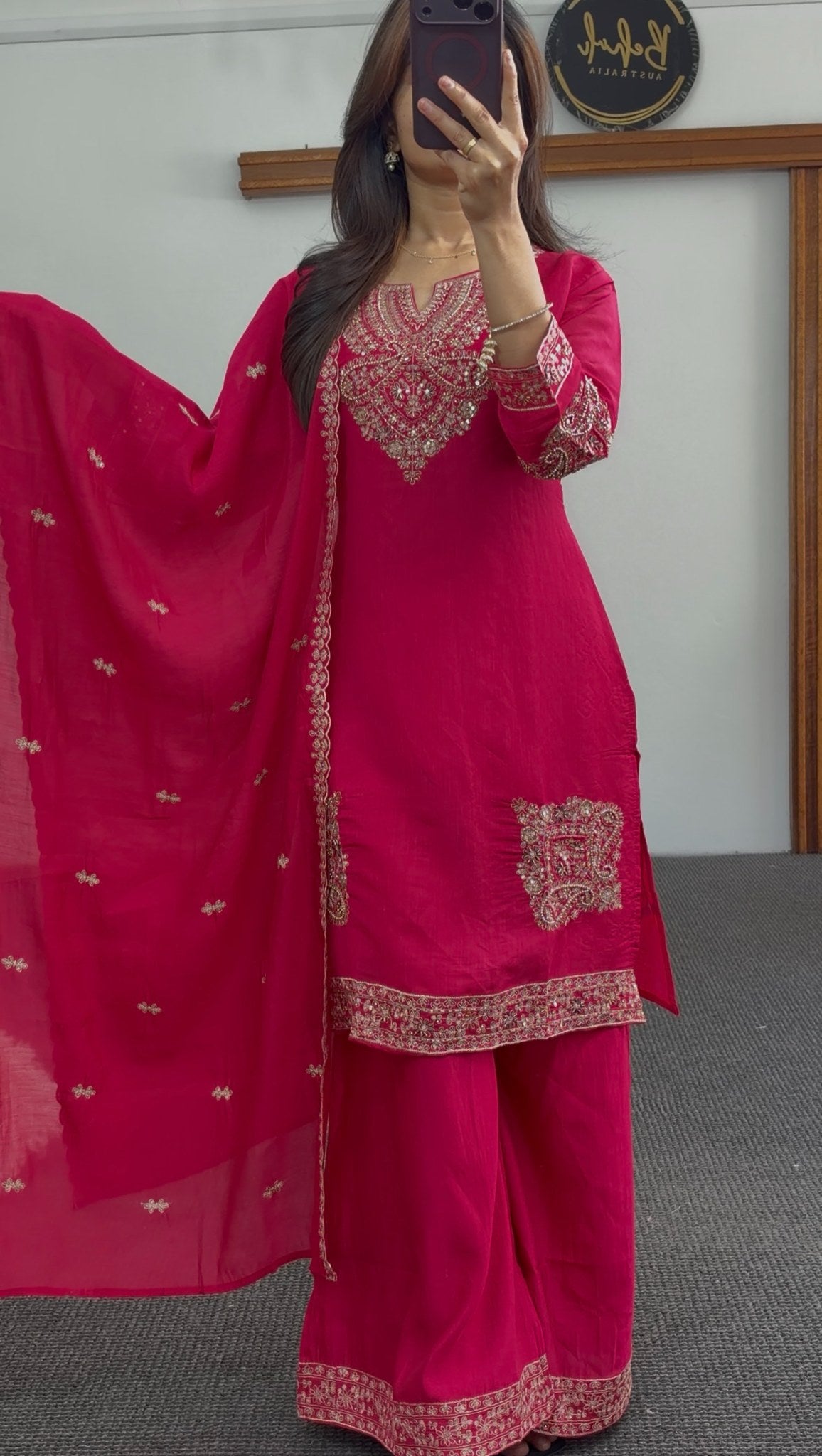 Fuchsia palazzo suit set with gold embroidery, embellished neckline and matching dupatta — Behuli Australia