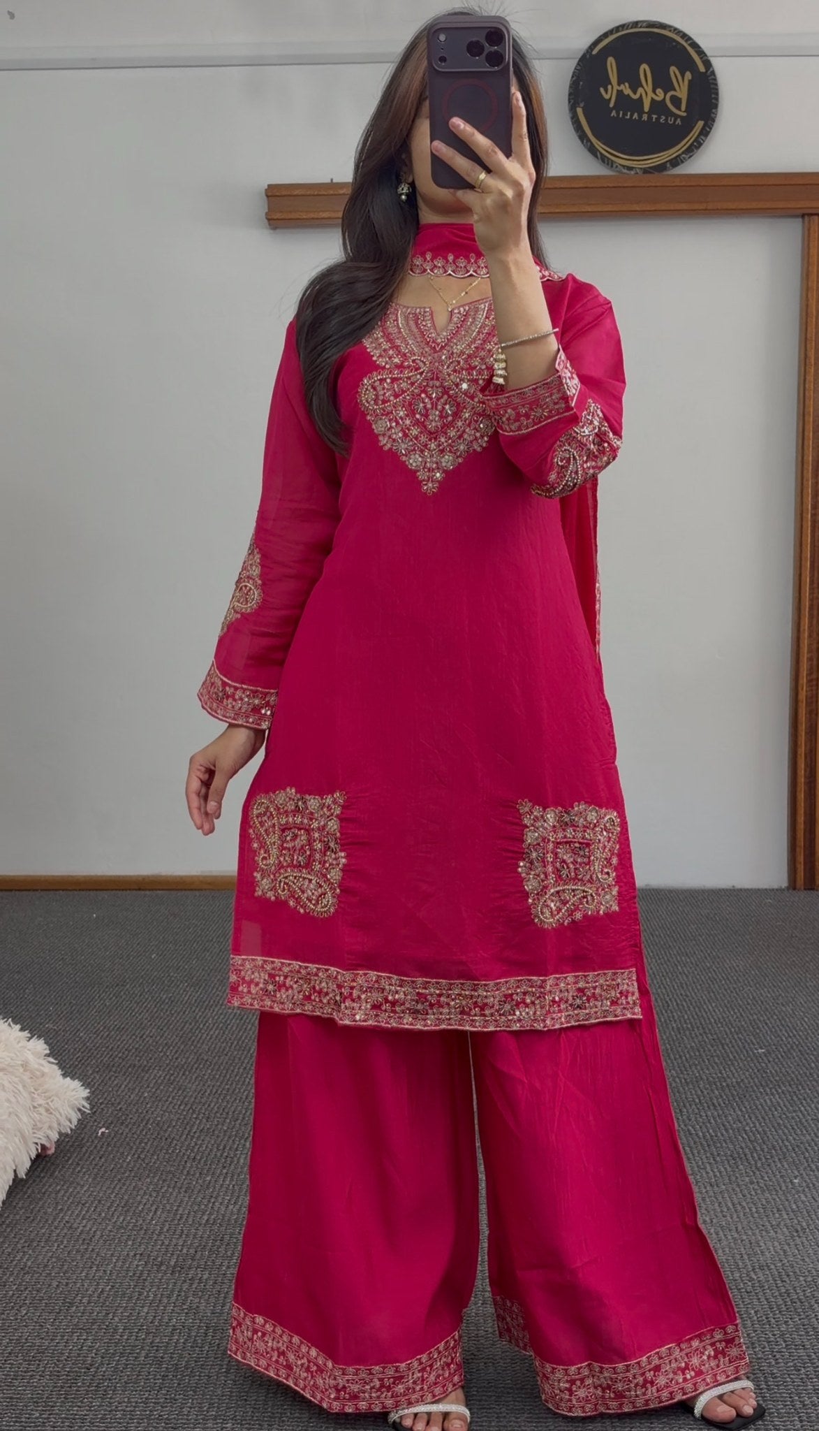 Fuchsia palazzo suit set with gold embroidery, embellished neckline and matching dupatta — Behuli Australia — view 2