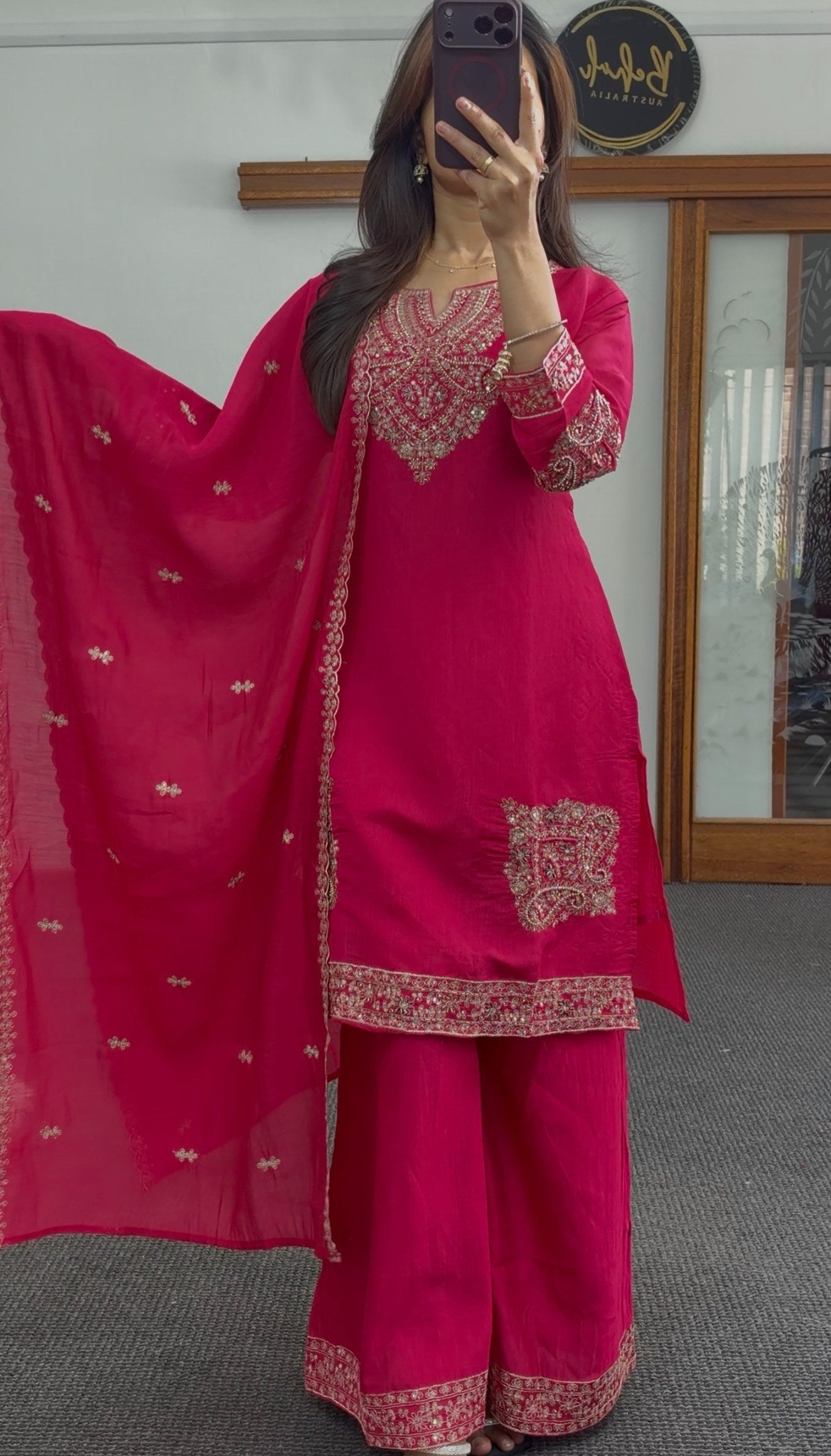 Fuchsia palazzo suit set with gold embroidery, embellished neckline and matching dupatta — Behuli Australia — view 3