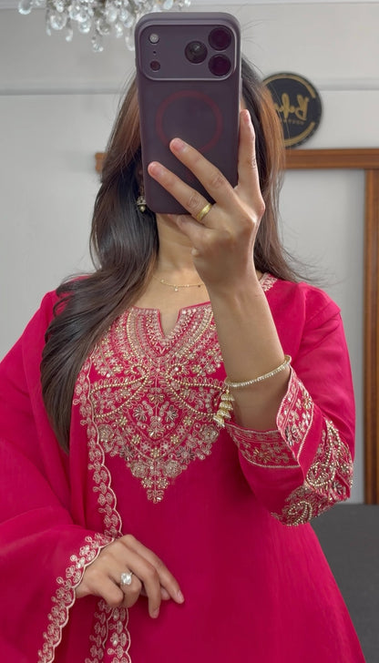 Fuchsia palazzo suit set with gold embroidery, embellished neckline and matching dupatta — Behuli Australia — view 4