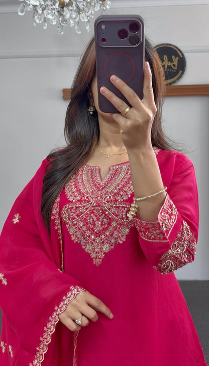 Fuchsia palazzo suit set with gold embroidery, embellished neckline and matching dupatta — Behuli Australia — view 5
