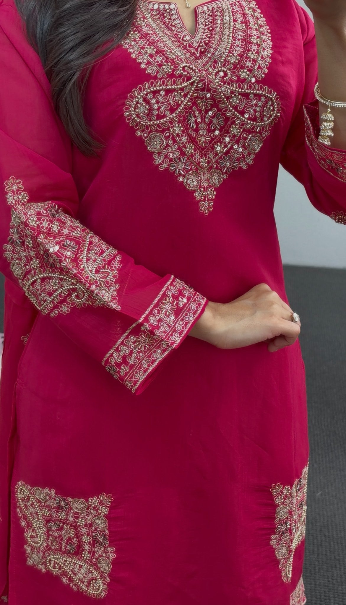 Fuchsia palazzo suit set with gold embroidery, embellished neckline and matching dupatta — Behuli Australia — view 6