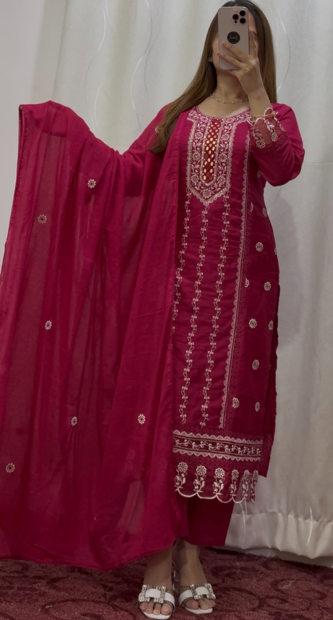Fuchsia pink kurti set with white floral embroidery, scalloped hemline and matching embroidered dupatta — Behuli Australia
