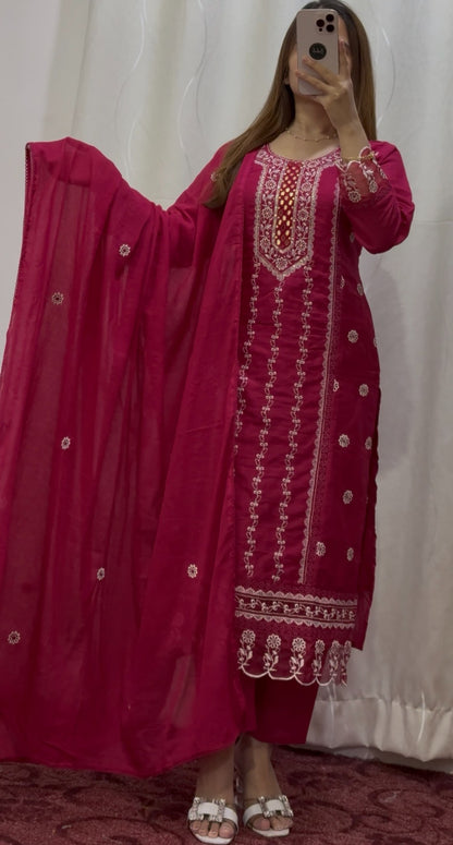 Fuchsia pink kurti set with white floral embroidery, scalloped hemline and matching embroidered dupatta — Behuli Australia