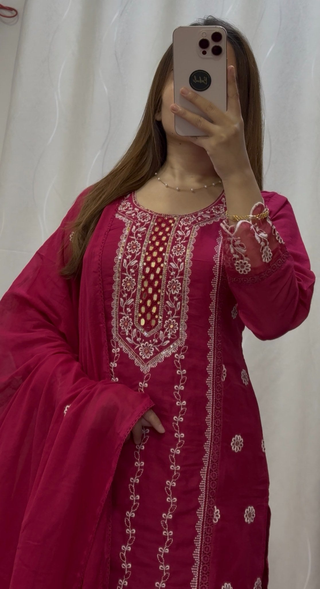 Fuchsia pink kurti set with white floral embroidery, scalloped hemline and matching embroidered dupatta — Behuli Australia — view 2