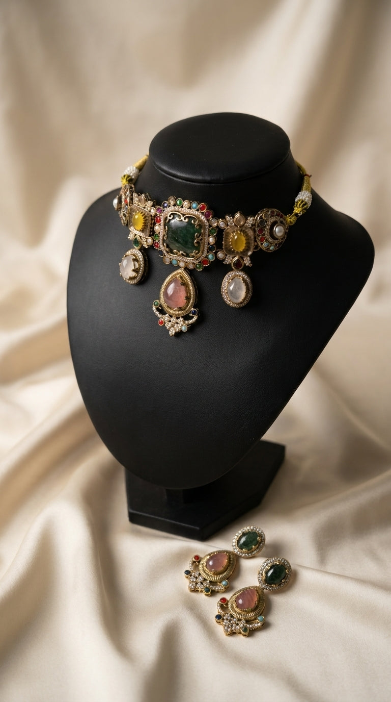 Antique gold jewellery set with green, pink and yellow stones, pearl detailing and matching statement earrings on black