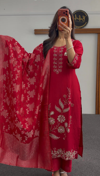 Red kurti set with gold zari floral embroidery and matching red floral dupatta — Behuli Australia