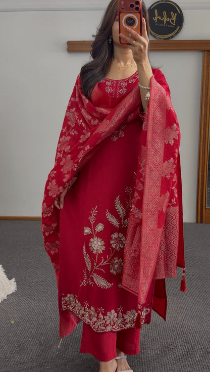 Red kurti set with gold zari floral embroidery and matching red floral dupatta — Behuli Australia — view 2