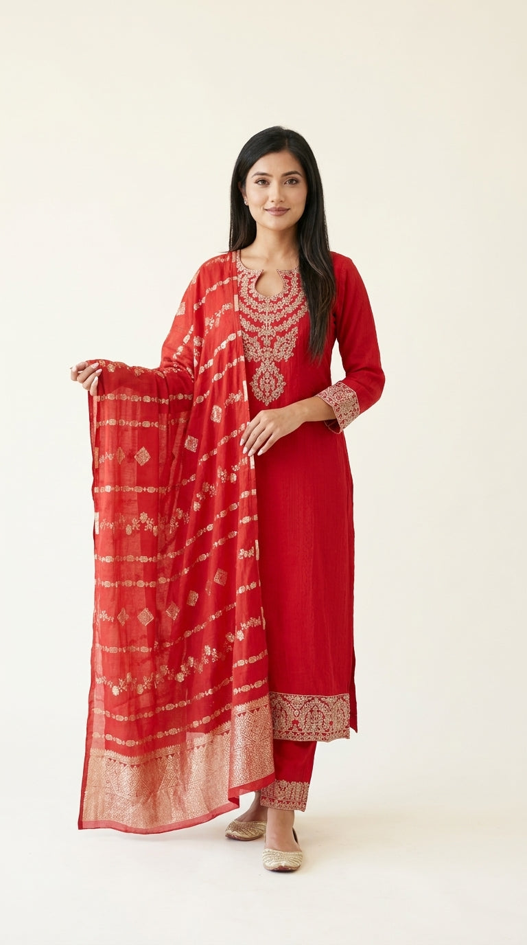 Red kurti set with gold zari-style neckline embroidery, ornate hem border and matching red printed dupatta — Behuli Australia