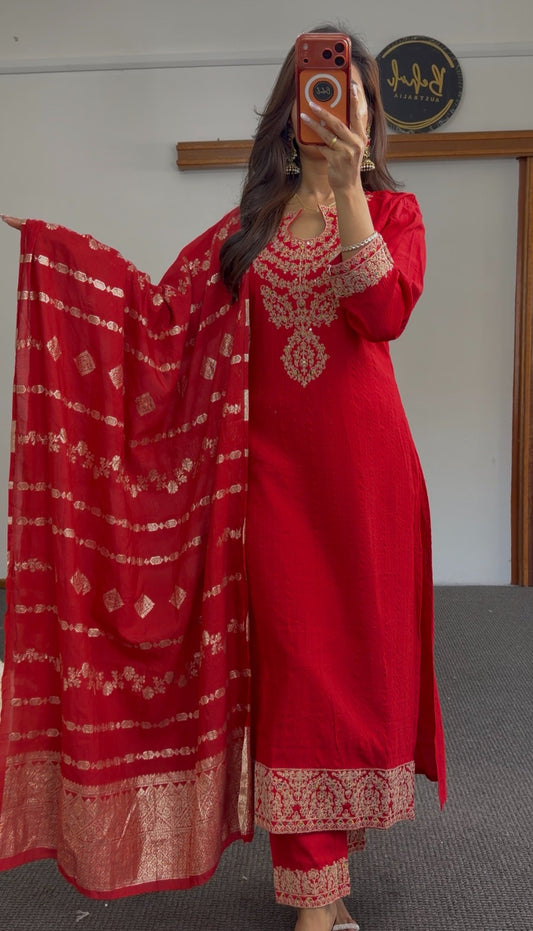 Red kurti set with gold zari-style neckline embroidery, ornate hem border and matching red printed dupatta — Behuli Australia — view 2