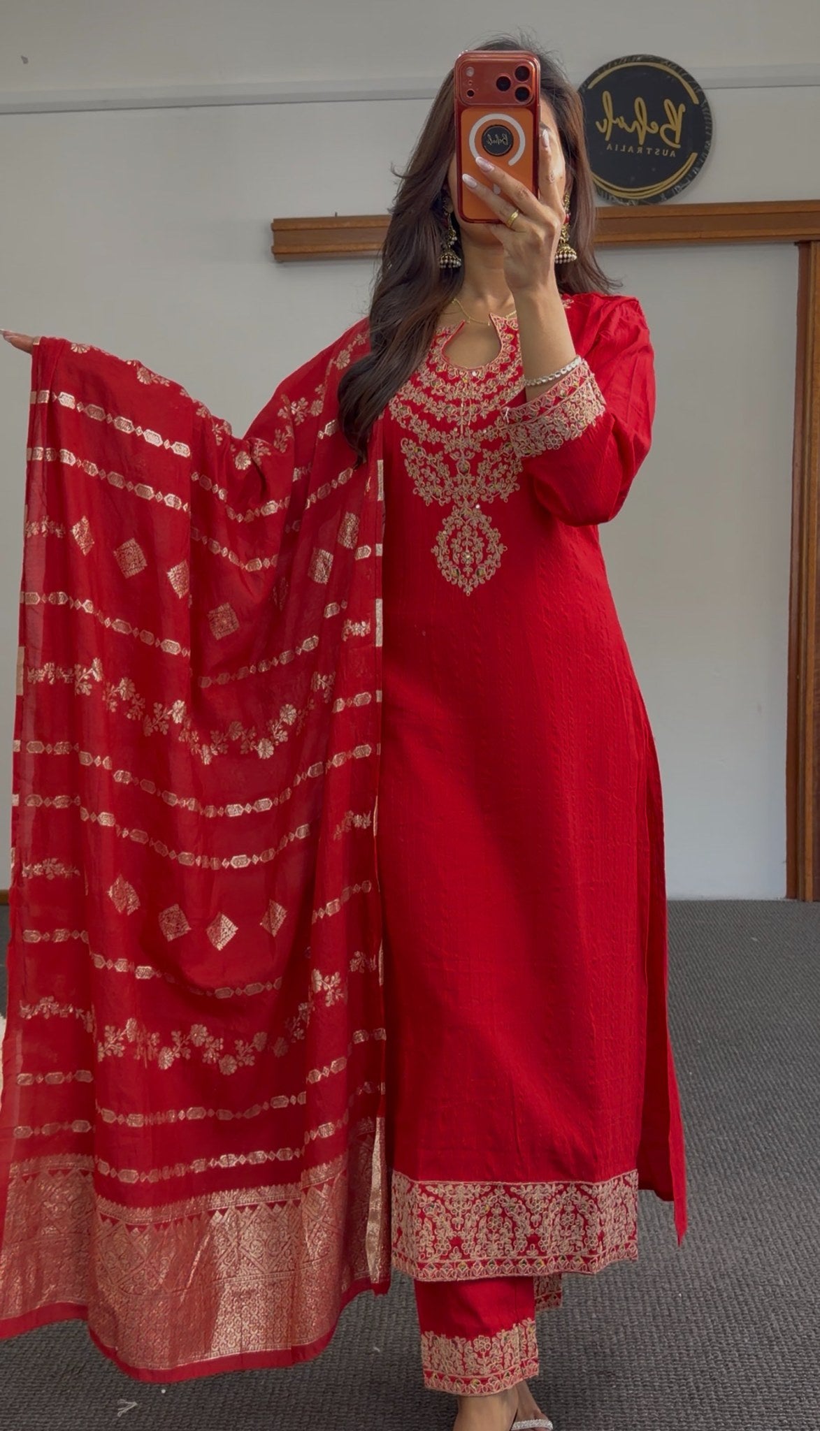 Red kurti set with gold zari-style neckline embroidery, ornate hem border and matching red printed dupatta — Behuli Australia — view 2