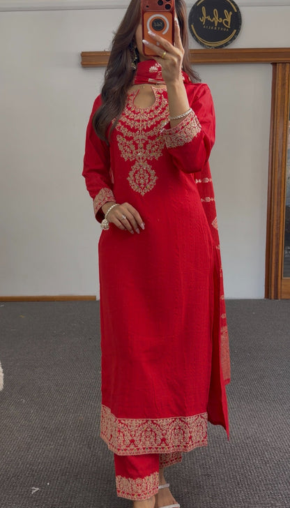 Red kurti set with gold zari-style neckline embroidery, ornate hem border and matching red printed dupatta — Behuli Australia — view 3