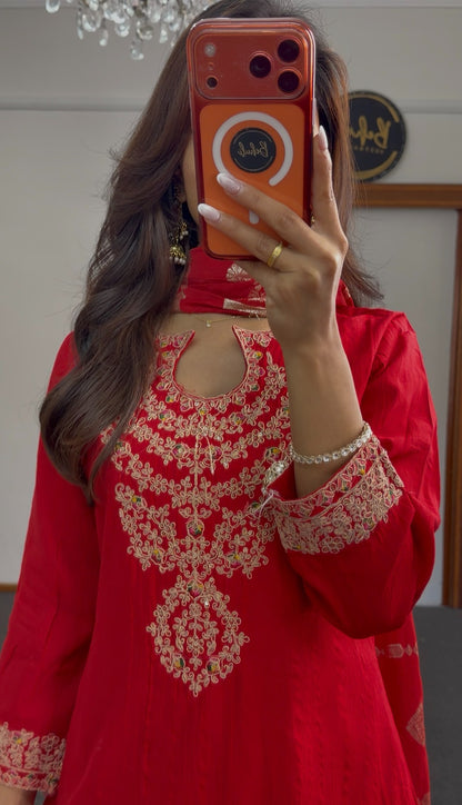 Red kurti set with gold zari-style neckline embroidery, ornate hem border and matching red printed dupatta — Behuli Australia — view 4