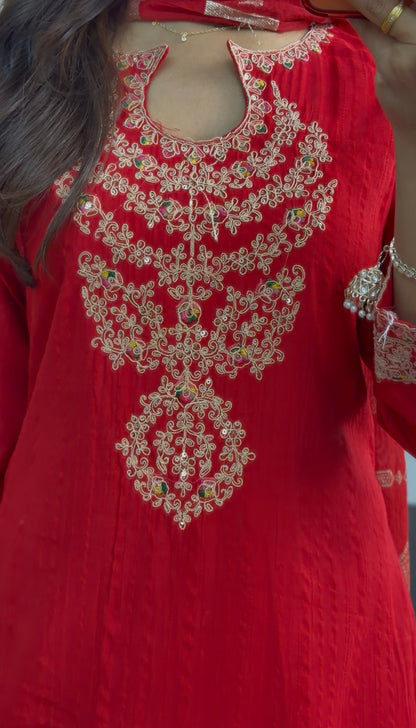 Red kurti set with gold zari-style neckline embroidery, ornate hem border and matching red printed dupatta — Behuli Australia — view 5