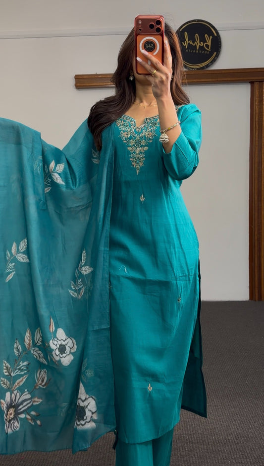 Teal three-piece kurti set with gold zari neckline embroidery and matching floral printed dupatta — Behuli Australia