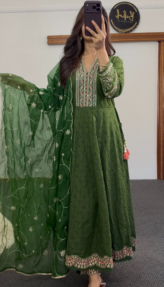 Olive green embroidered Anarkali dress with floral cutwork detailing and matching net dupatta by Behuli Australia