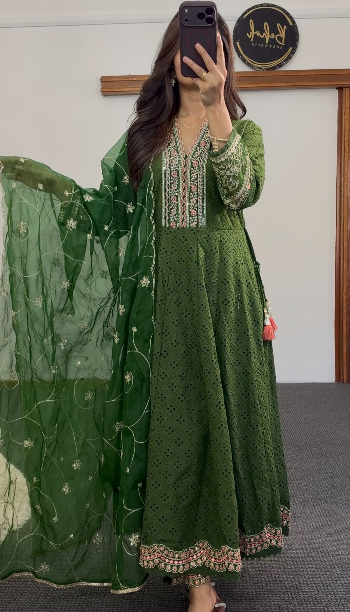 Olive green embroidered Anarkali dress with floral cutwork detailing and matching net dupatta by Behuli Australia