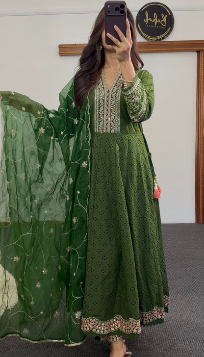 Olive green embroidered Anarkali dress with floral cutwork detailing and matching net dupatta by Behuli Australia