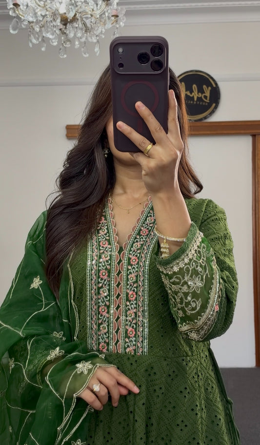 Olive green embroidered Anarkali dress with floral cutwork detailing and matching net dupatta by Behuli Australia — view 2