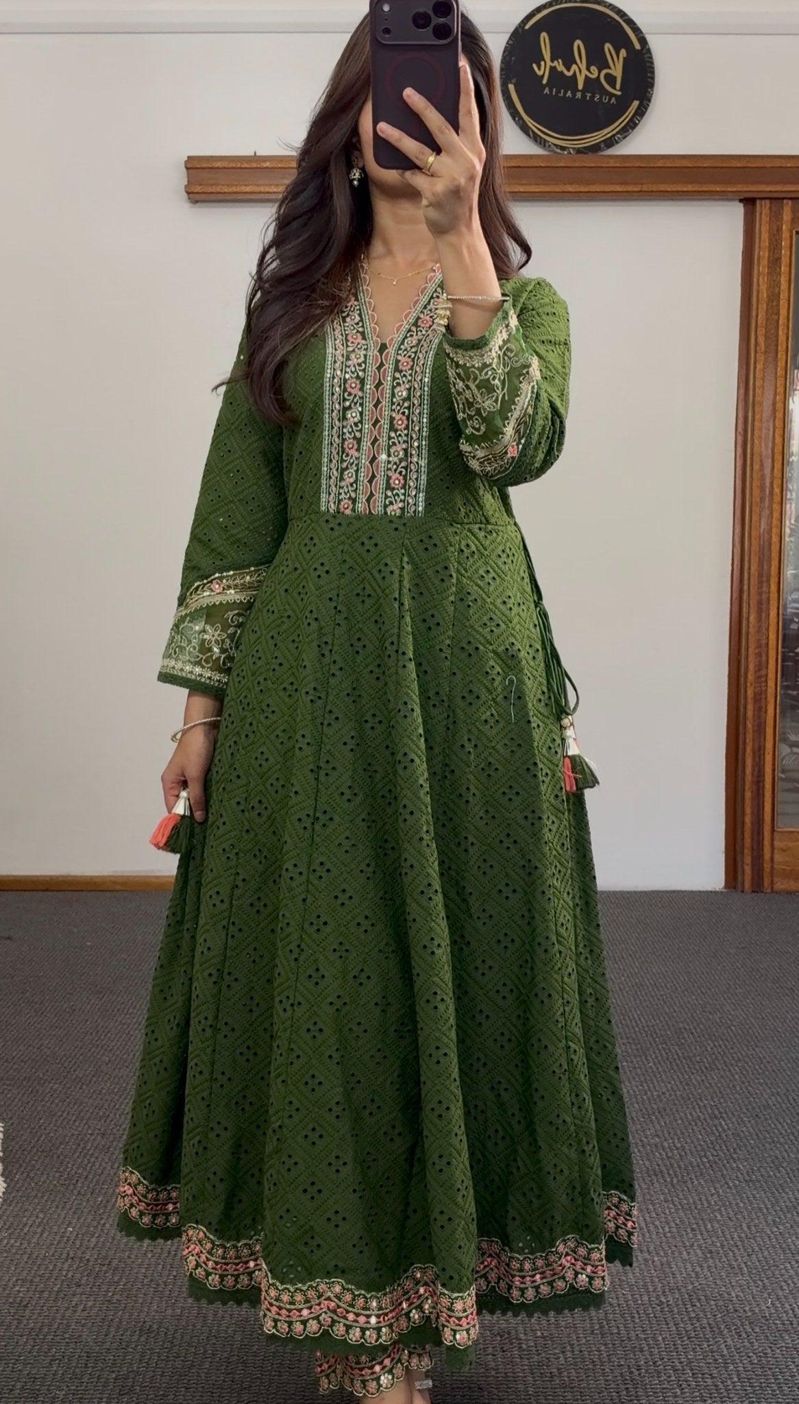 Olive green embroidered Anarkali dress with floral cutwork detailing and matching net dupatta by Behuli Australia — view 3