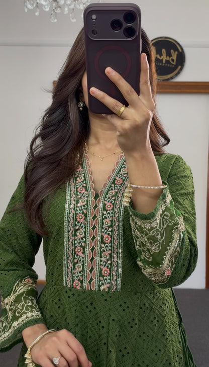 Olive green embroidered Anarkali dress with floral cutwork detailing and matching net dupatta by Behuli Australia — view 4
