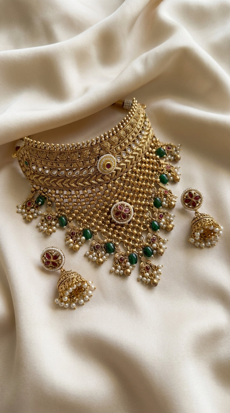 Antique gold choker and jhumka earring jewellery set with kundan-style setting, green stone and pearl drop accents — Behuli