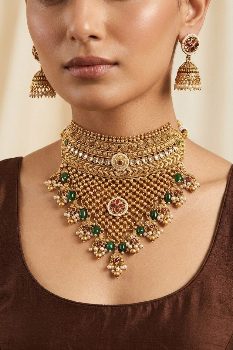 Antique gold choker and jhumka earring jewellery set with kundan-style setting, green stone and pearl drop accents — Behuli — view 2