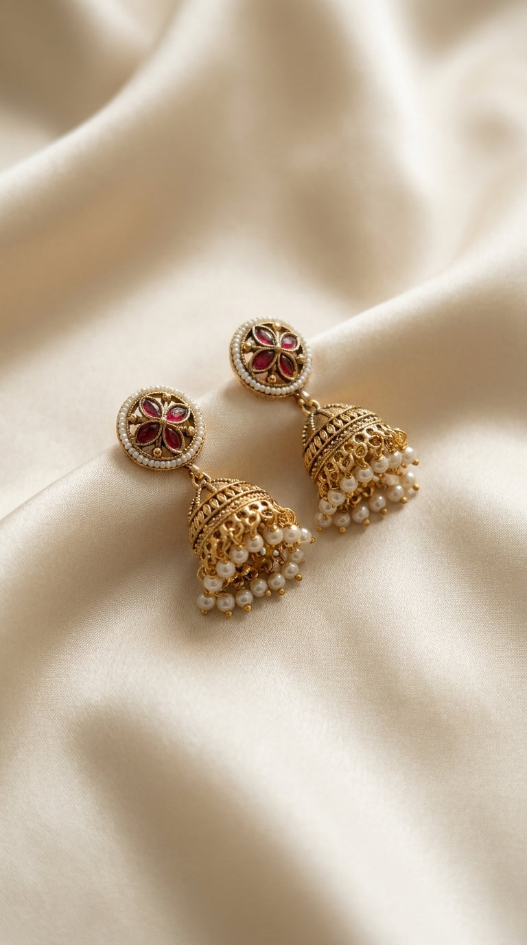 Antique gold choker and jhumka earring jewellery set with kundan-style setting, green stone and pearl drop accents — Behuli — view 3