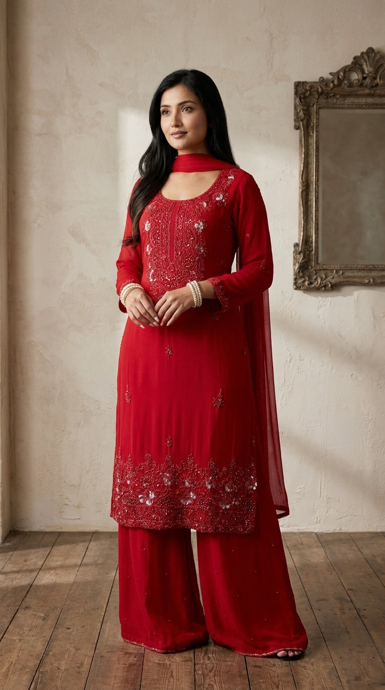 Red palazzo suit set with sequin and thread embroidery on kurta, matching wide-leg pants and dupatta — Behuli Australia