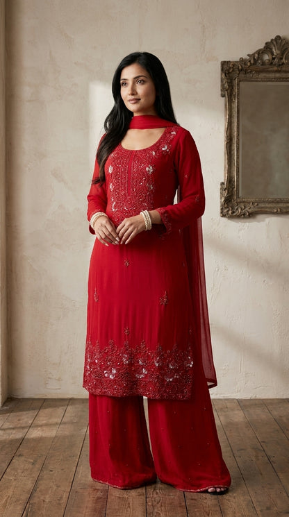 Red palazzo suit set with sequin and thread embroidery on kurta, matching wide-leg pants and dupatta — Behuli Australia