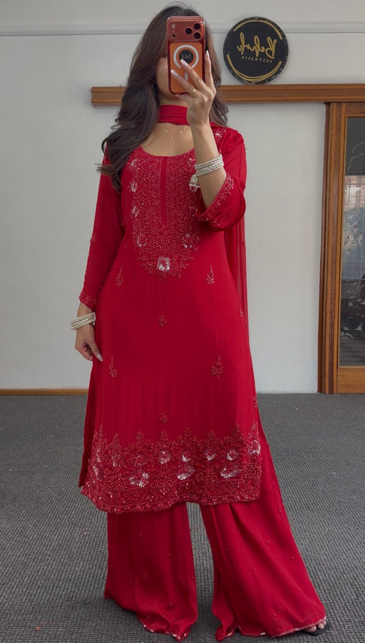 Red palazzo suit set with sequin and thread embroidery on kurta, matching wide-leg pants and dupatta — Behuli Australia — view 2