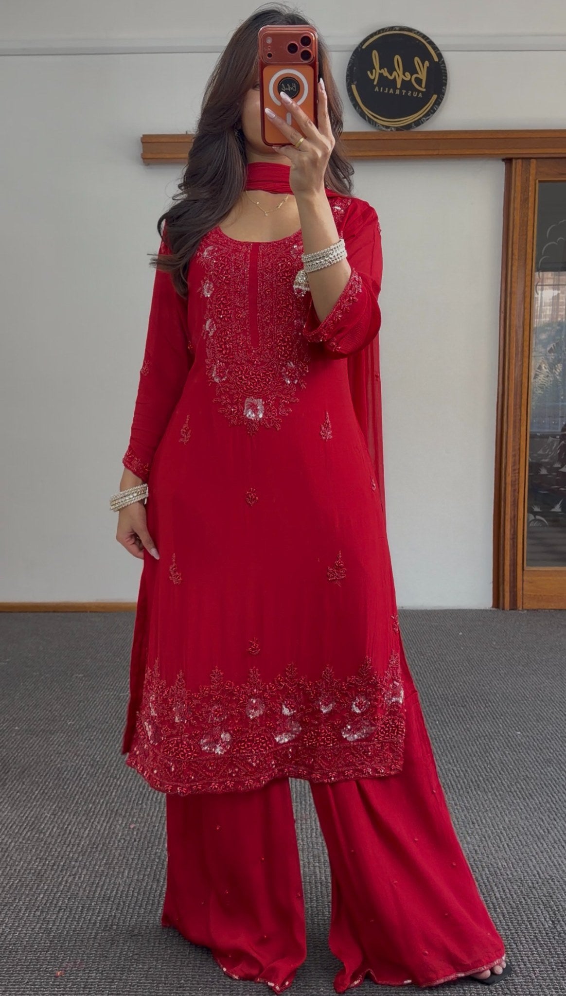 Red palazzo suit set with sequin and thread embroidery on kurta, matching wide-leg pants and dupatta — Behuli Australia — view 2