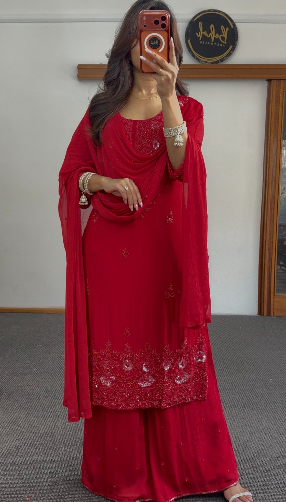 Red palazzo suit set with sequin and thread embroidery on kurta, matching wide-leg pants and dupatta — Behuli Australia — view 3