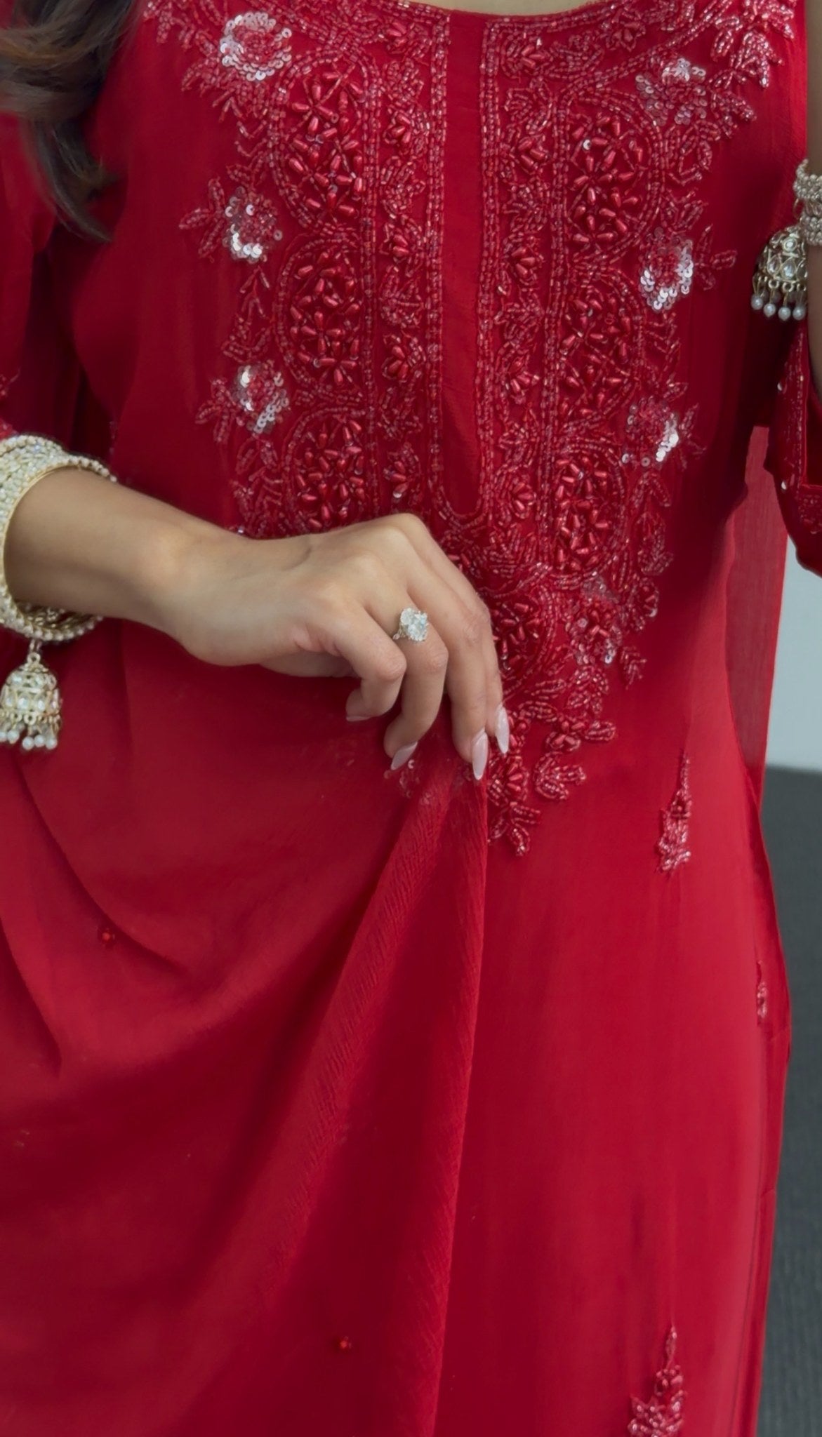 Red palazzo suit set with sequin and thread embroidery on kurta, matching wide-leg pants and dupatta — Behuli Australia — view 4