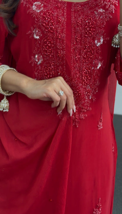 Red palazzo suit set with sequin and thread embroidery on kurta, matching wide-leg pants and dupatta — Behuli Australia — view 4