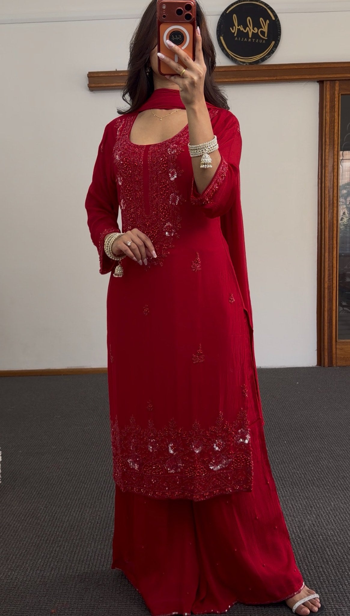 Red palazzo suit set with sequin and thread embroidery on kurta, matching wide-leg pants and dupatta — Behuli Australia — view 5