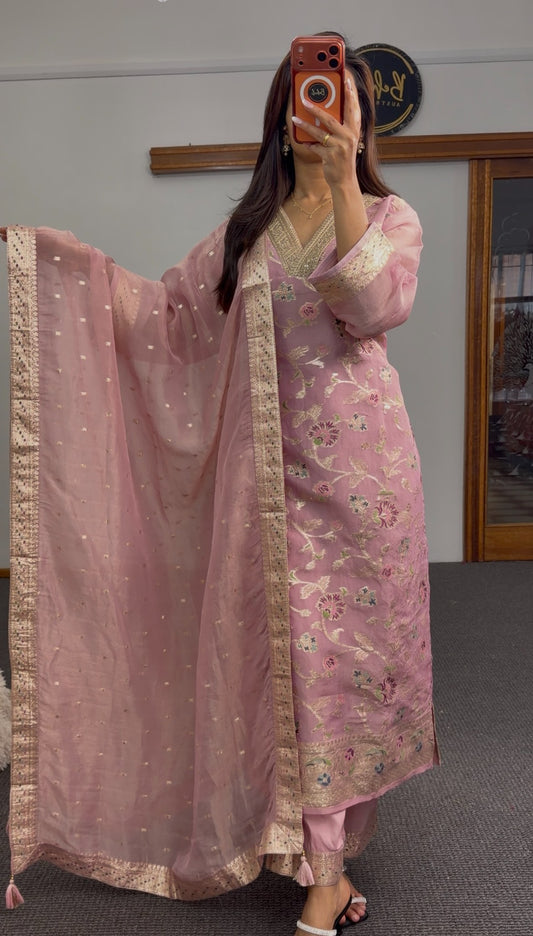 Dusty pink floral embroidered kurti set with gold-tone border and sheer matching dupatta — Behuli Australia
