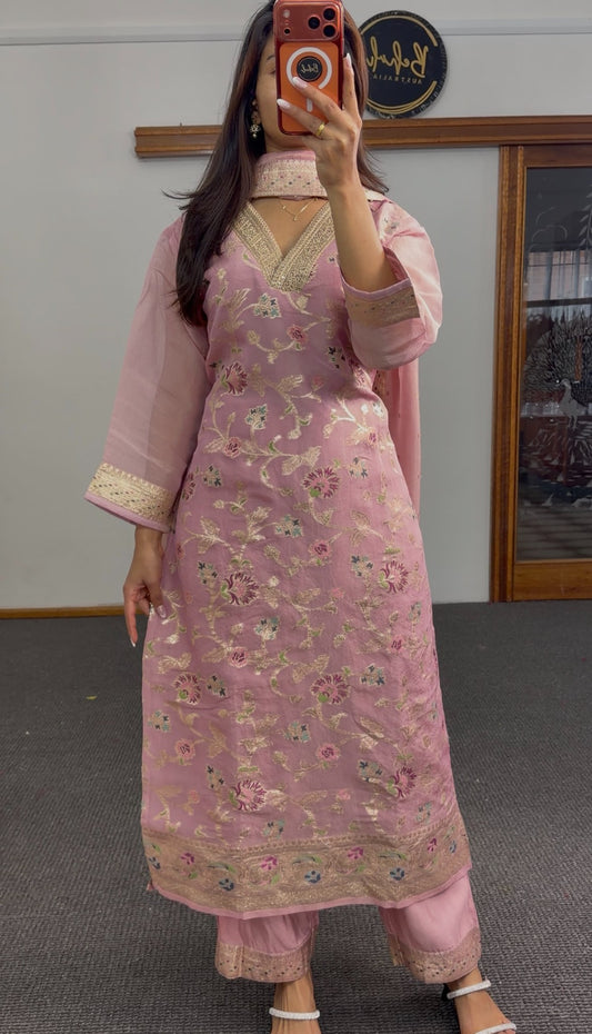 Dusty pink floral embroidered kurti set with gold-tone border and sheer matching dupatta — Behuli Australia — view 2